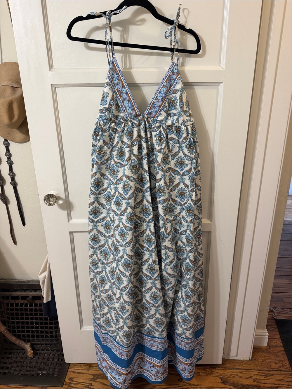 Free People Blue and Cream Paisley Maxi Dress with Tie Straps